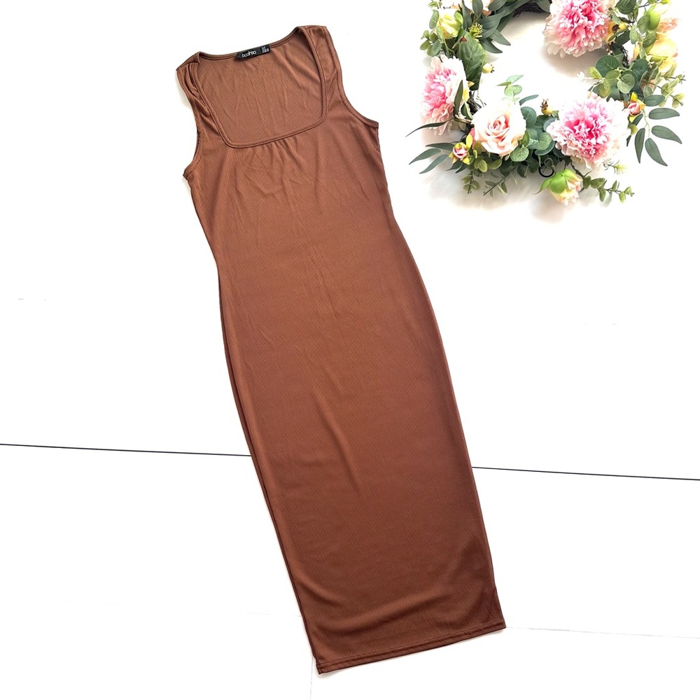 Boohoo Chocolate Ribbed Sleeveless Midi Dress and Duster Matching Set - Picture 12 of 15